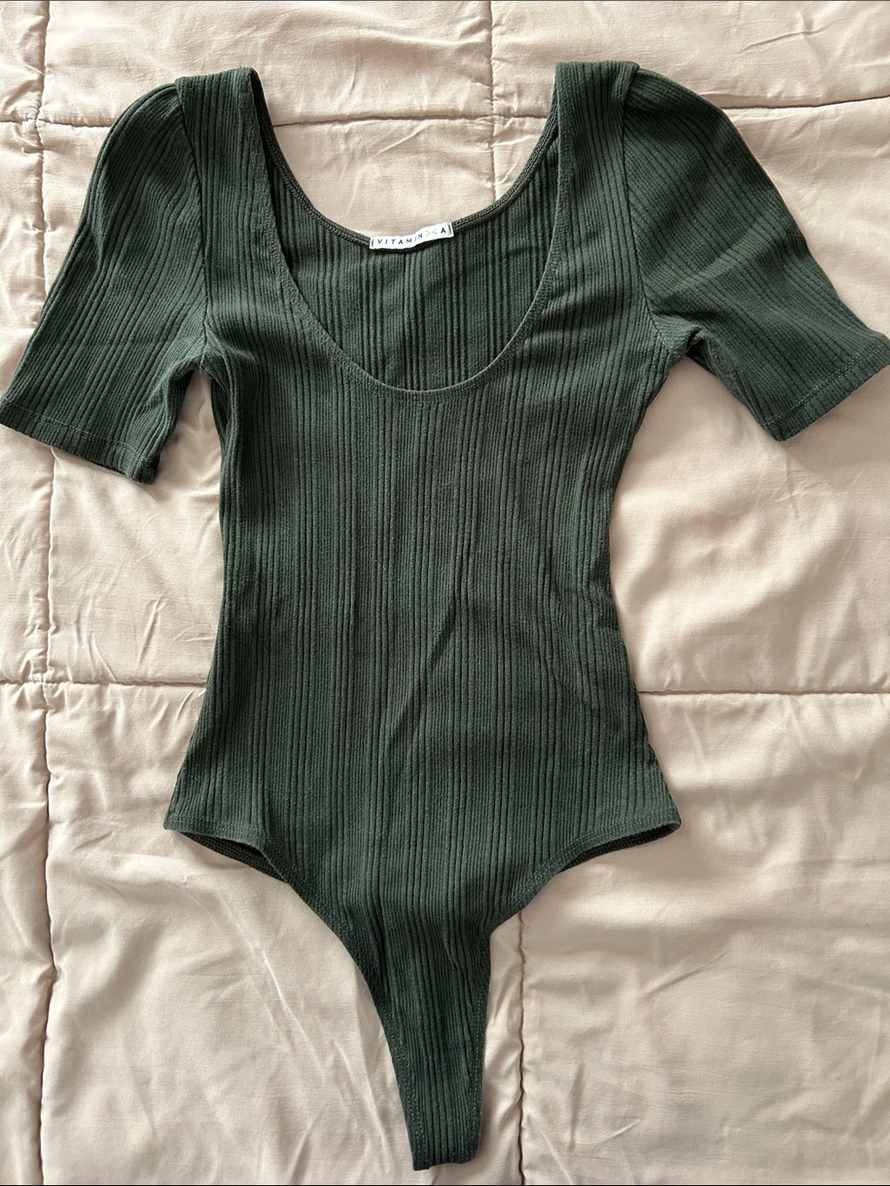 Vitamin A Olive Ribbed Scoop-Neck Bodysuit
